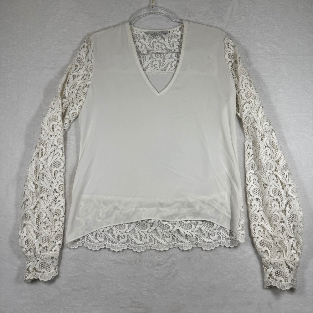Alexis Ivory Lace Long Sleeve V-Neck Blouse Top Small White Boho Romantic‎ USA